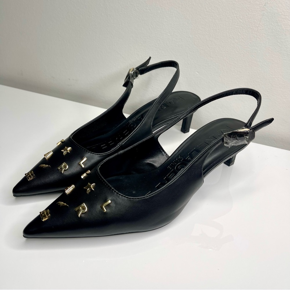 Karl Lagerfeld Paris Black Pointed Kitten Heels with Gold Accents Size 8M - Picture 5 of 11